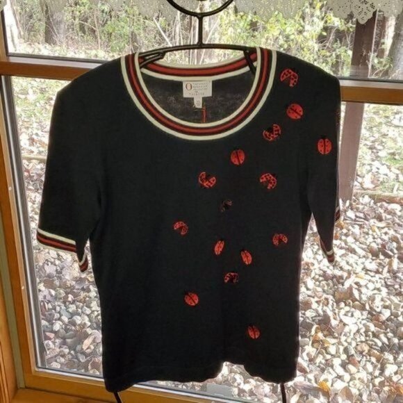 Talbots Oprah's Magazine Collection Sz XS Navy Blue Embroidered Lady Bug Sweater - Picture 3 of 10
